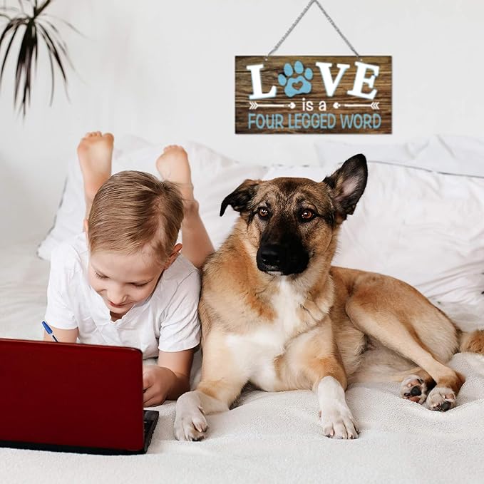 Dog Wall Decor Room Love Is a Four Legged Word Pet Paw Sign Dog Vintage Metal Hanging Decorative Signs Plaque Wall Decorative for Christmas Pet Lover Gifts Thanksgiving(10 x 5 Inch)