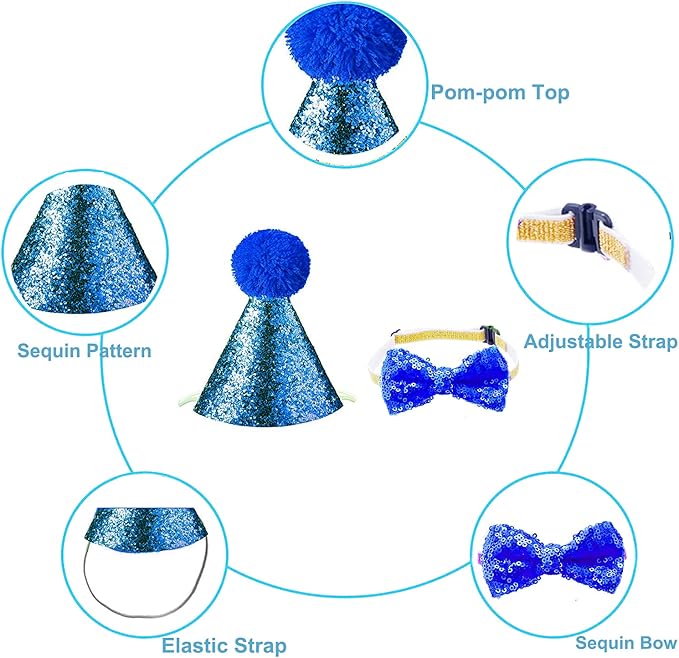 Christmas Pet Party Jazz Hat and Blingbling Bow Tie Breakaway Collar Set, Adjustable Headband for Kitten Puppy Small Dogs Cats (03 Sequin-Royal Blue)