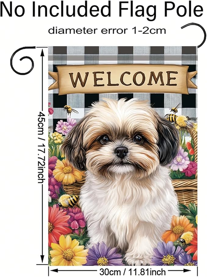 Spring Summer Garden Flag Shih Tzu Dog Flag 12x18 Inch Double-Sided Cute Puppy Yard Banner Buffalo Plaid Floral Outdoor Decor for Porch Lawn Pathway Dog Lover Housewarming
