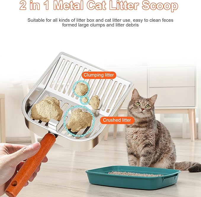 Stainless Steel Cat Litter Scoop with Holder, Kitty Poop Scooper Stand for Litter Box, Fast Sifting Non-Stick Cat Poop Scooper with Coarse and Fine Grids for All Litter Pan, Orange