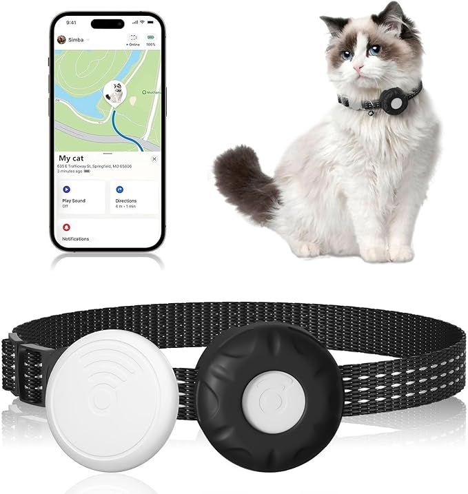 Cat Tracker Collar,No Monthly Fee Tracking Pet Collar with Finder Tag,Compatible with Apple Find My(iOS Only),Breakaway Tractive Design with Reflective Pattern & Bell
