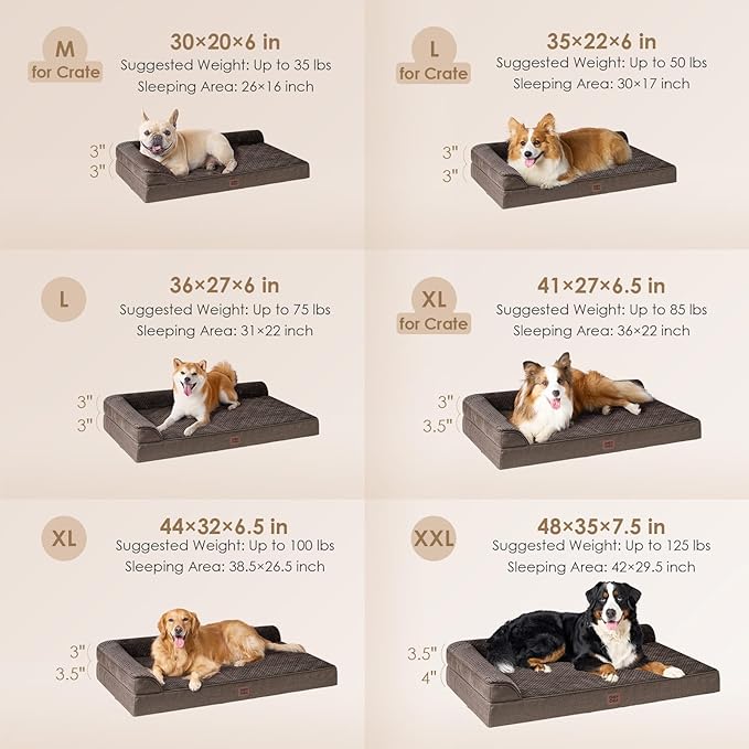 EHEYCIGA Large Dog Bed Memory Foam for Crate, Orthopedic Dog Bed Large Size Dogs with Washable Removable Cover, Waterproof Pet Sofa Couch with Nonskid Bottom, 35x22x6, Brown