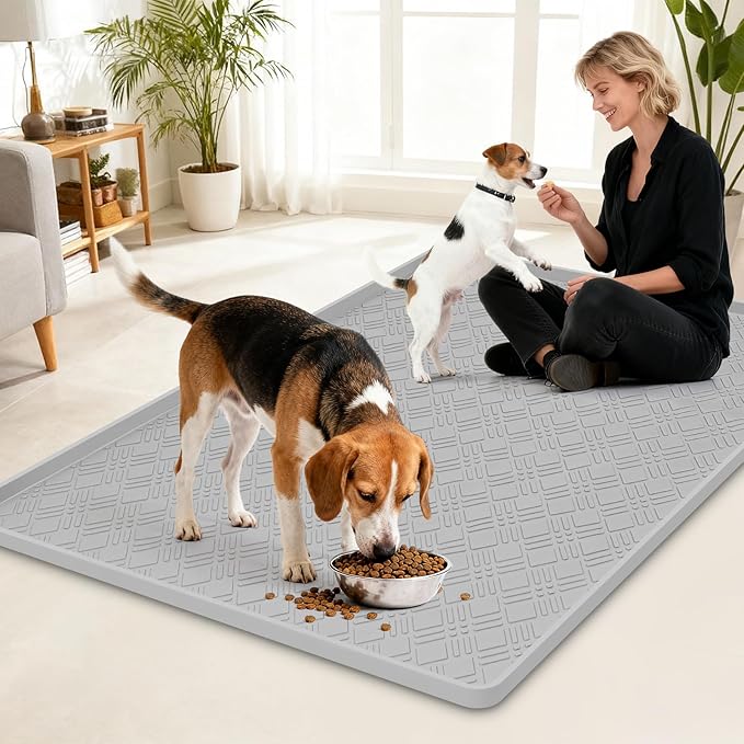 Lanstics Dog Food Mat, 42" x29" Large Silicone Mat Dog Feeding Mat with Raised Edge Non-Slip Pet Feeding Mat for Food and Water Bowl, Easy to Clean, Floor Protection (Light Gray)