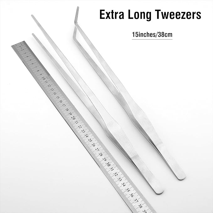 2Pcs 15 inch Extra Long Rustproof Tweezers for Salt & Fresh Water, Heavy Duty Reptile Feeding Tongs for Aquarium & Terrarium, Large Metal Snake Feeding Tongs, SUS 304 Stainless Steel Tweezers