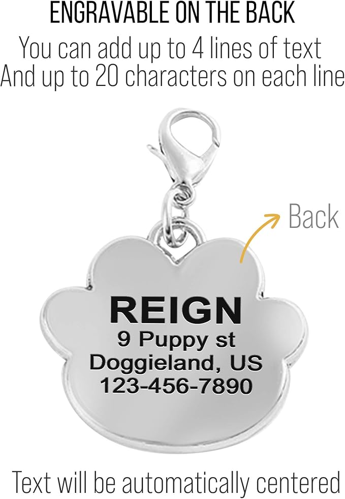 PAWNIMALS Paw Shape Dog ID Tag Stainless Steel Custom Laser Engraved, Cute Bling Glitter Pet Name Tags Personalized with Durable Engraving (Crystal Paws)
