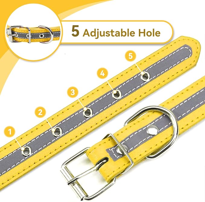 PETCARE Reflective Dog Collar with Cute Paw Rivet Studded Funny Soft PU Leather Adjustable Puppy Dog Collars for Small Medium Large Dogs Cats (Yellow,Medium)