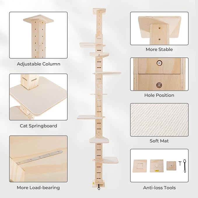 COZIWOW Floor to Ceiling Cat Tree Tower for Indoor Large Cats, 7 Tier Tall Cat Climbing Pole with Adjustable Height (98-114 inches), Modern Climbing Tower, Wood