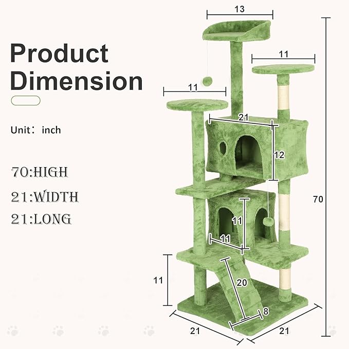 70 Inch Green Cat Tree, Tall Cat Tower with 2 Condos, 3 Scratching Posts, Multi-Level Platforms - Sturdy Climbing Structure Tall Cat Tower for Indoor Cats
