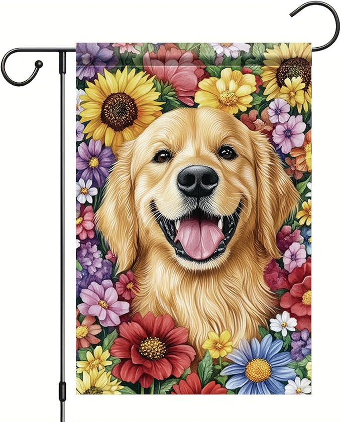 Golden Retriever Garden Flag 12x18 Inch Dog with Colorful Flowers Outdoor Banner Cute Pet Yard Decor Spring Summer Double Sided Welcome Flag for Lawn House Decoration Dog Lovers Gift
