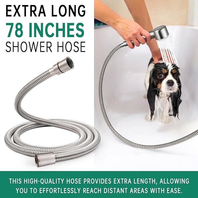 3 Mode Dog Shower Attachment, High Pressure Handheld Sprayer with ON/OFF Switch, Metal Shower Diverter, 78 Inches Stainless Steel Hose, No Drill Hook, for Indoor and Outdoor Pet Bathing and Washing