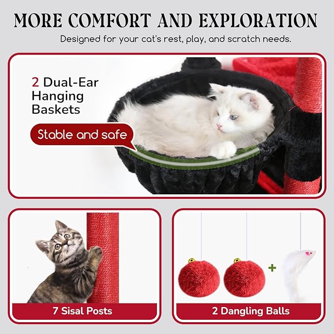 Globlazer Gothic Heavy Duty Cat Tree, 74in Sturdy Goth Cat Tower for Large Cats Adult Big Cat Tree with 7 Scratching Posts, 2 Padded Spacious Condos, 2 Hanging Baskets, Enlarged Perch, S74, Red Black