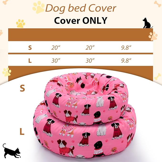 Round Replacement Dog Bed Covers Elastic Edged Washable Pet Bed Protector with Pink Dog Pattern Design for Small & Medium Pet Beds, Cover Only (Pink, 30 x 9.8 Inch)