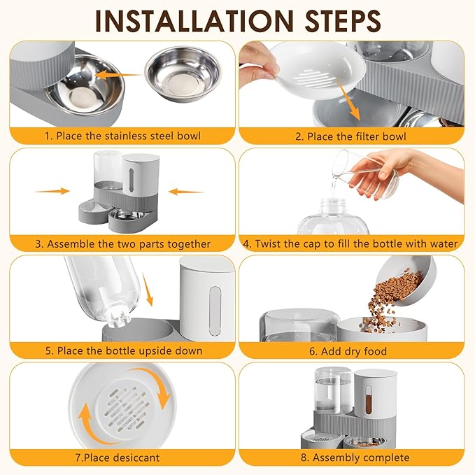 Automatic Gravity Cat Dog Feeder and Water Dispenser with 304 Stainless Steel Bowls 2 in 1 360 Degree Rotatable Auto 2.4L Dry Food and 2.6L Water Bowl for Small Medium Pet Dog Puppy Kitten (Gray)