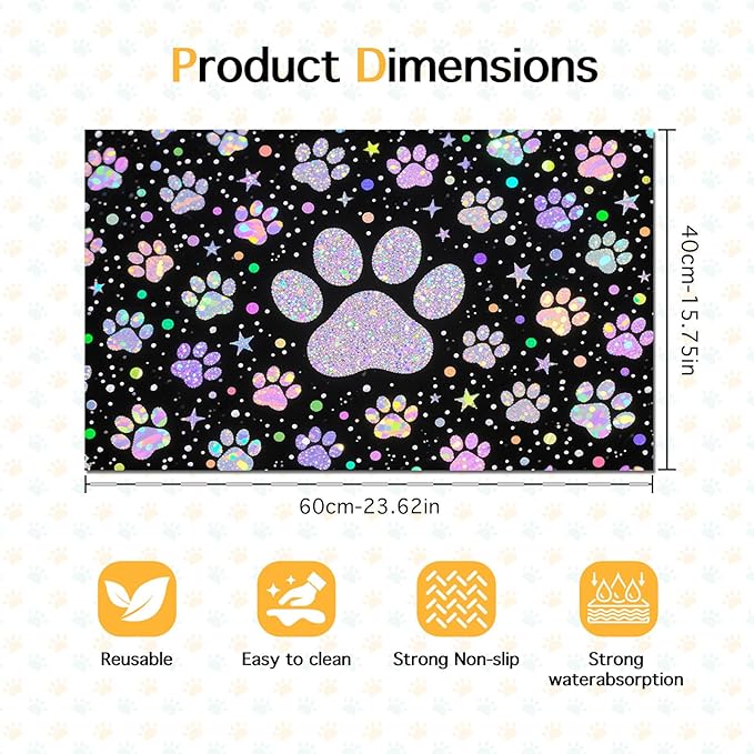Pet Feeding Mat 24x16 inch Glitter Paw Print Pet Bowl Placemat Non Slip Floor Mat for Food and Water Indoor Pet Feeding Station Cute Meal Pad for Small Cats and Dogs Kitchen Use