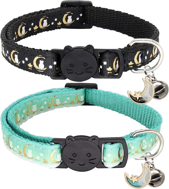 2 Pack Breakaway Cat Collar with Bells,Adjustable Moon and Star Kitten Safety Collars for Boys & Girls,Black+Teal