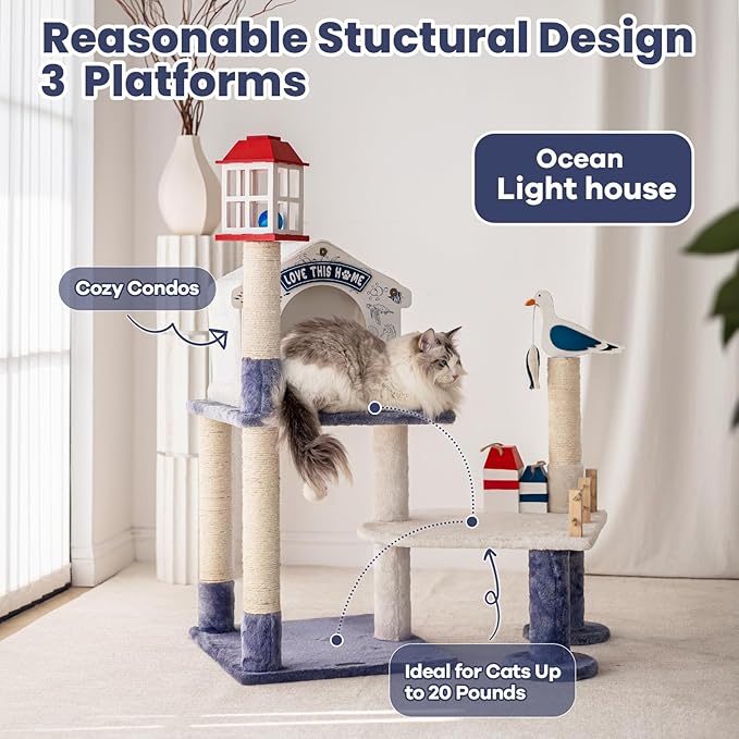 HYABi 43.5-Inch Novelty House Seagull Buoy Collapsible Cat Tree Tower Condo Bed Furniture Plush Ball Toy Fish Platforms Multi-Level with Scratching Posts Play for Indoor Cats