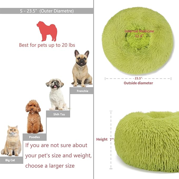Calming Donut Dogs Beds for Small Dogs Washable,23inch Plush Round Pet Bed for Cozy Sleep,Fluffy Faux Fur Large Cat Bed,Fits up to 25 lbs Pets,Green