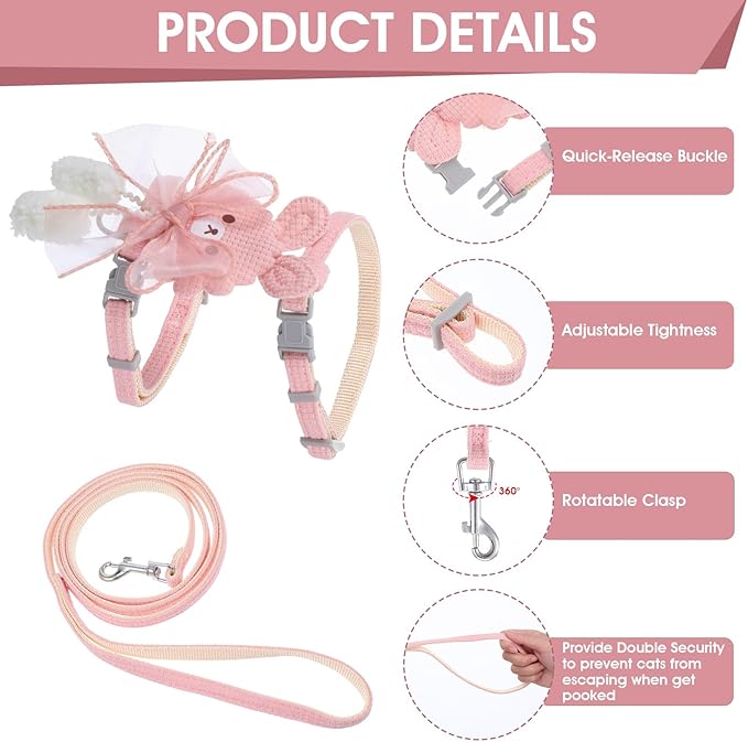 TIESOME Cat Harness and Leash Set, Adjustable Gradient Kitten Harness Escape Proof Harness with Leash for Kitty Outdoor Walking (Ribbon Bear Pink)