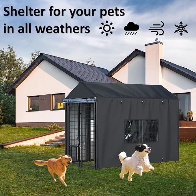 Outdoor Dog Kennel Cover - Full Coverage for 8.1'Dx4.1'Wx6'H Dog Cages, Outdoor Dog Kennel Insulation Cover, with Transparent Window and Fleece Insulation Lining, Black（Excluding Dog kennels）