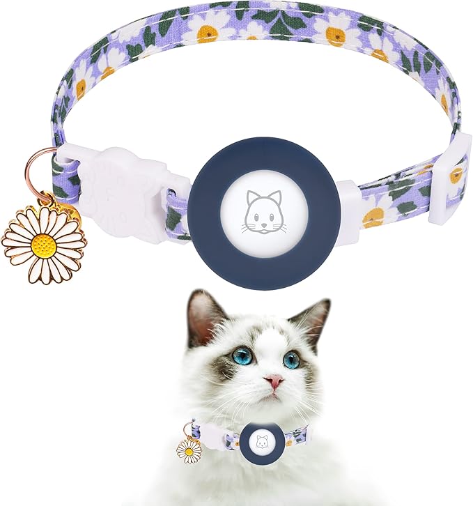 Airtag Cat Collar, JXFUKAL Kitten Collar Breakaway with Silicone Airtag Holder, Bells & Flower Charm for Girl Cats Boy Cats Small Dogs(Blue)
