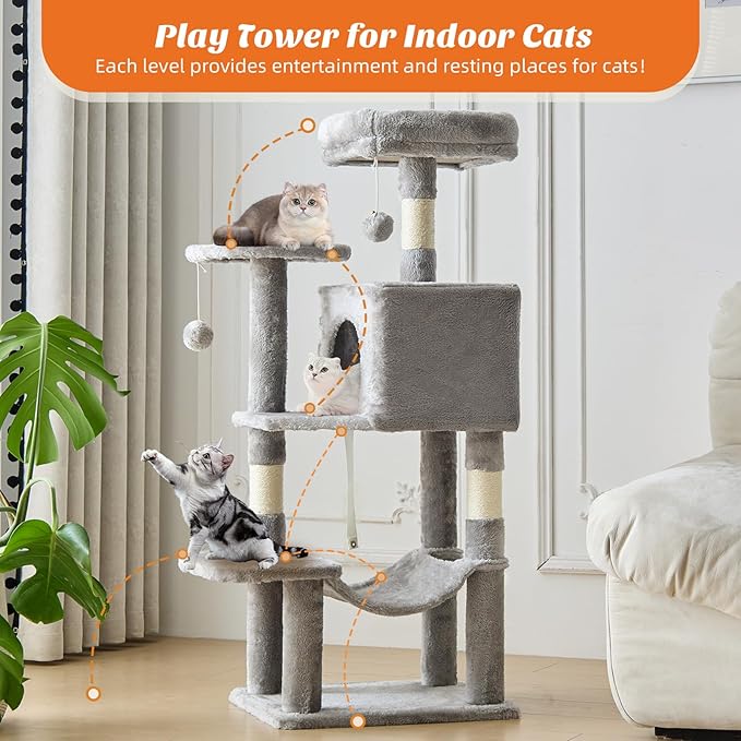 Cat Tree Tower 44 Inch, Small Cat Tower with Condo, Hammock, Sisal Scratching Posts, Extended Perch, Pet Play House for Indoor Kittens and Cats, Light Grey