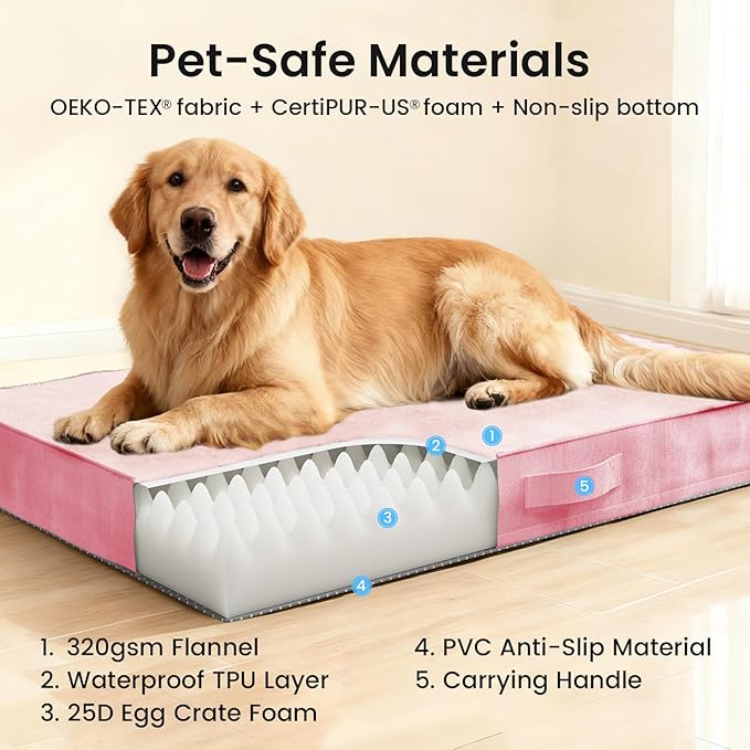 OhGeni Orthopedic Waterproof Dog Bed for Large Dogs, Machine-Washable Removable Cover in Easy-Clean Fabric, High Density Foam & Easy-Carry Handle, Suitable for Crate, 41 inch (Pink)