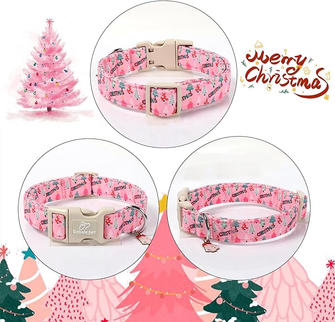Christmas Dog Collar for Large Dogs - Cute Xmas Tree Print Pink Christmas Collars for Dogs, Soft Adjustable Winter Holiday Dog Collars with Quick Release Buckle L