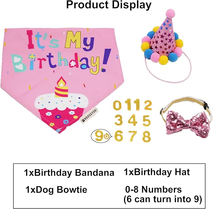 ADOGGYGO Dog Birthday Bandana Scarf and Dog Girl Birthday Party Hat with Cute Bow Tie for Medium Large Dog Pet (Large)