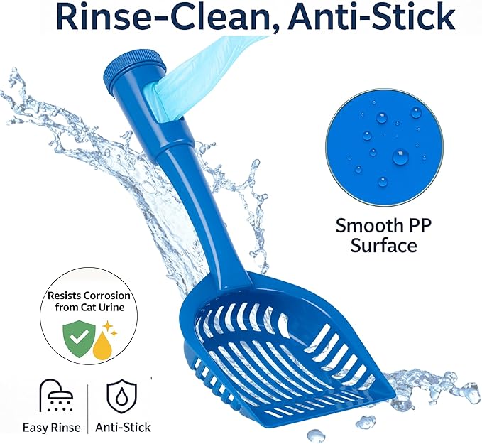 2-in-1 Pooper Scooper with Bag Attachment, Cat Litter Shovel Scoop with Bag, Built-in Dispenser, Includes Trash Roll, Rinse-Clean, Anti-Stick, Smart Sifter, Long Handle (Blue)