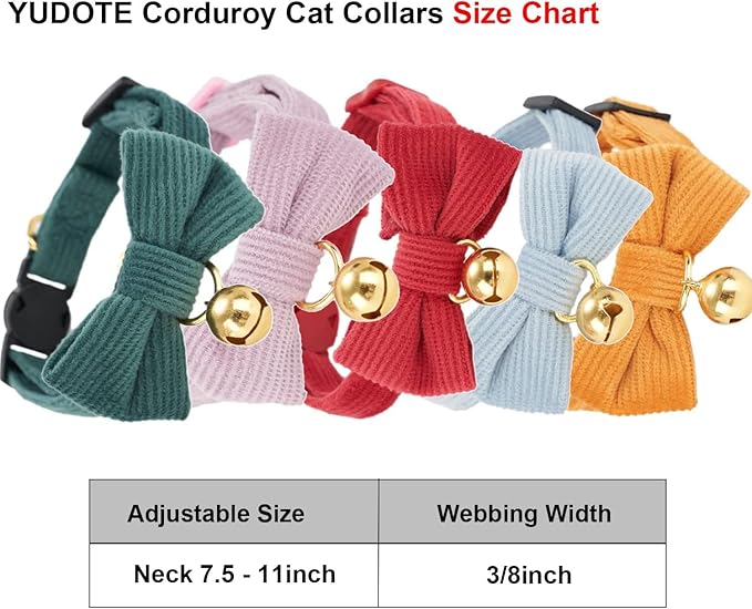 Cotton Breakaway Cat Collar with Bow Tie and Bell, Adjustable Cute Soft Corduroy Kitten Collars for Girl and Boy Cats