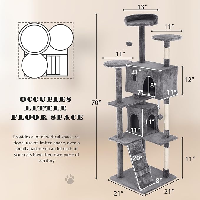 Heavy Duty Cat Tree Tower, 70" Tall Cat Tower for Indoor Cats with Cat Scratching Post with Bed, Cat Condo, Hanging Ball, Multi-Level Cat Climbing Tower Cat Trees Furniture Activity Center, Ashy
