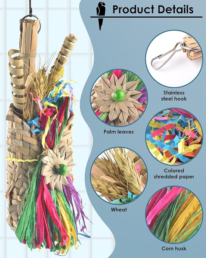 Bissap Bird Chew Toys, Parrot Foraging Shredder Natural Palm Frond Woven Bag Hanging Cage Toy with Chewing Treats for Conure Budgie Cockatiel Cockatoos and Similar Sized Pet Birds