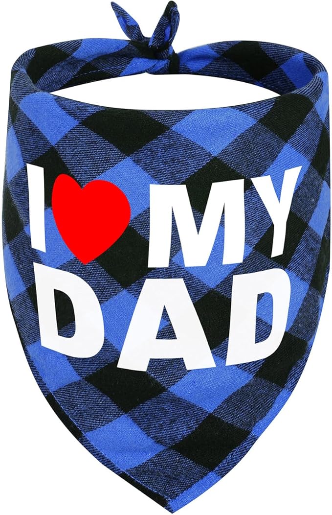 GreenJoy Cute Plaid Dog Bandana – Washable Pet Triangle Scarf for Small, Medium, Large Dogs and Cats, Adjustable Pet Accessory for Birthday, Wedding and Christmas (Blue (I Love My Dad), Small)