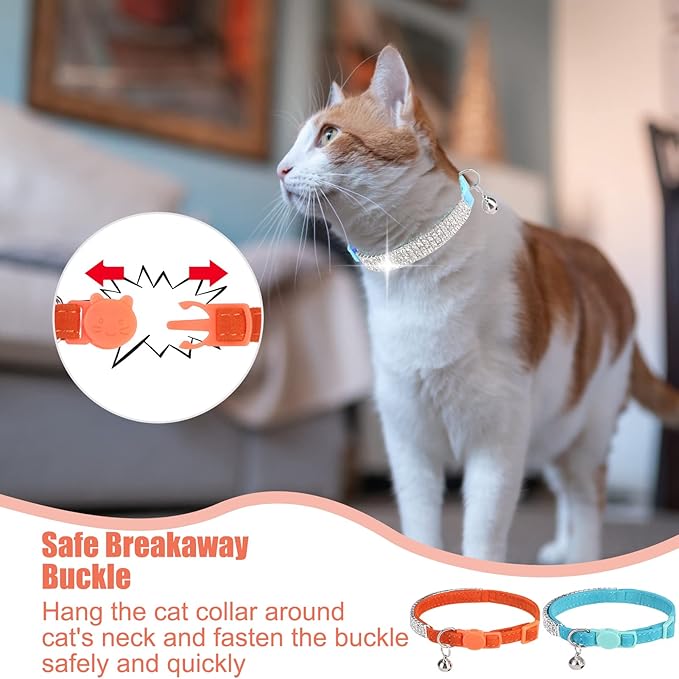 EXPAWLORER Soft Velvet Safe Cat Collars for Girl Cats -2 Pack Rhinestones Bling Diamante Adjustable Collars Breakaway- Chirstmas Cat Clollar Gifts with Bells for Boy Cats Kitty and Small Dogs