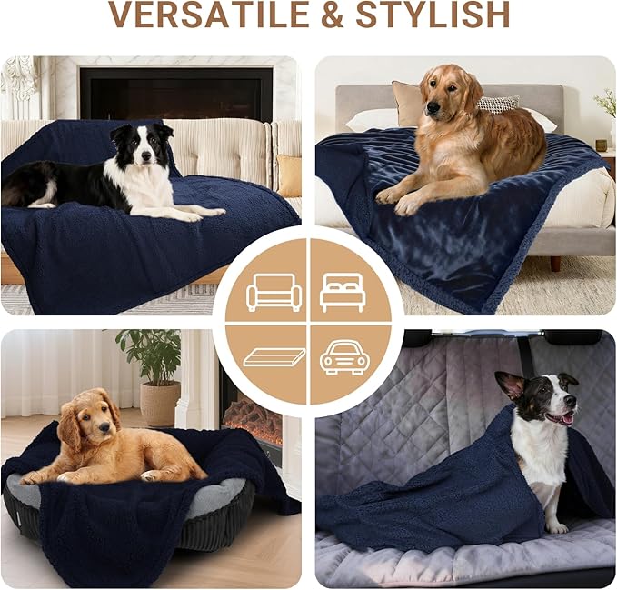Waterproof Dog Blanket for Large Dogs - Reversible Washable Pet Blanket, Soft Sherpa Fleece Furniture Protector, Cat Throw Bed Couch, Navy, 60"x80"