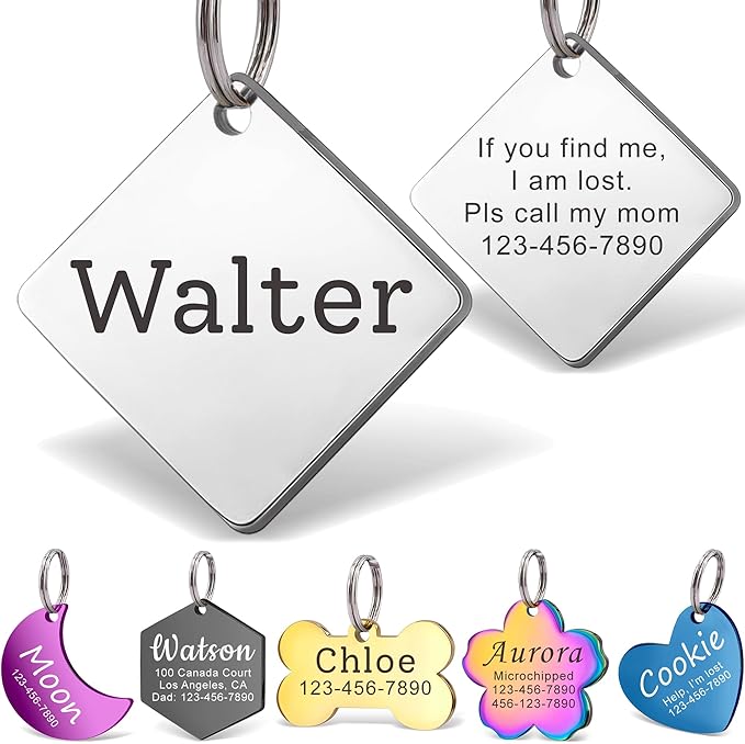 Anavia Personalized Pet ID Tags, Stainless Steel Glossy Laser Engraved Dog Cat Collar Name Tags, Multiple Colors Shapes Sizes (Diamond, Regular)