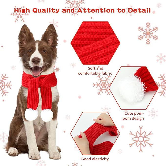 BWOGUE 2-Piece Knitted Dog Christmas Scarf & Bandana with White Pom Pom for Medium/Large Dogs - Winter Warm Holiday Pet Costume Accessory (Red, Green)
