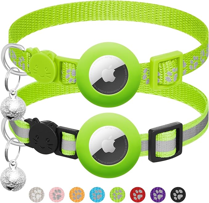 2 Pack Airtag Cat Collar Breakaway with Bell,Reflective Kitten Collar with Apple Airtag Cat Collar Holder,Adjustable 7-12In,Safety Buckle for Girl Boy Cats,Pet Supplies,Accessories,Gifts (Green)