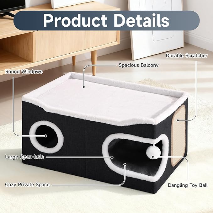 Cat Beds for Indoor Cats, Extra Wide Cat Cube House for Multi Cats, Foldable Cat Cave Hideaway with Arc-Edge Design & Oval Door, Double-Side Soft Cushion for All Seasons, 24"L x 17.7"D x 12.6"H, Black