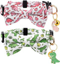 2 Pack Cotton Cat Collar with Bow Tie and Bell for Male Female Cats,Soft Fancy Breakaway Kitty Kitten Collar with Ghost& Pumpkin Patterned Design for Boy Girl Cats. (Dinosaur)