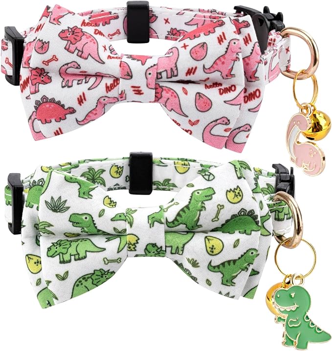 2 Pack Cotton Cat Collar with Bow Tie and Bell for Male Female Cats,Soft Fancy Breakaway Kitty Kitten Collar with Ghost& Pumpkin Patterned Design for Boy Girl Cats. (Dinosaur)