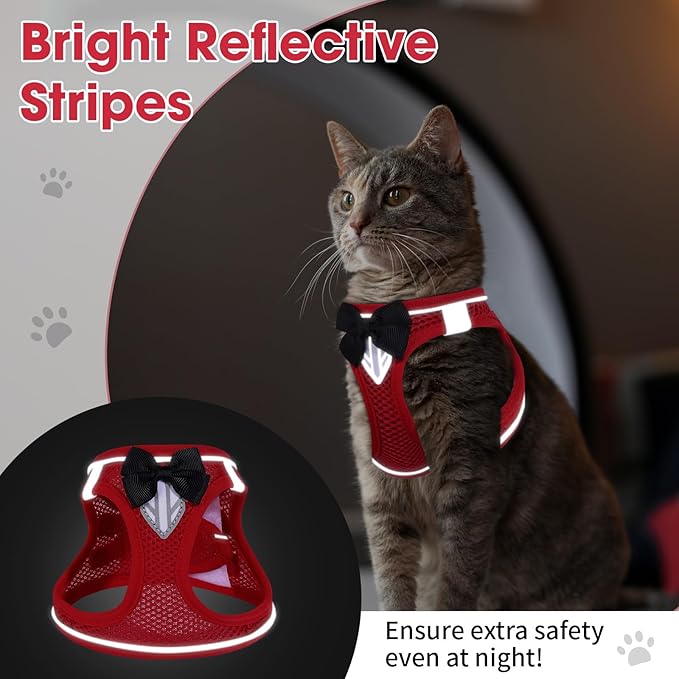 Cat Vest Harness and Leash Set for Walking Escape Proof, Adjustable Kitten Harness Breathable Mesh with Reflective Strips Harness for Kitty Puppy Bunny (Red, S)