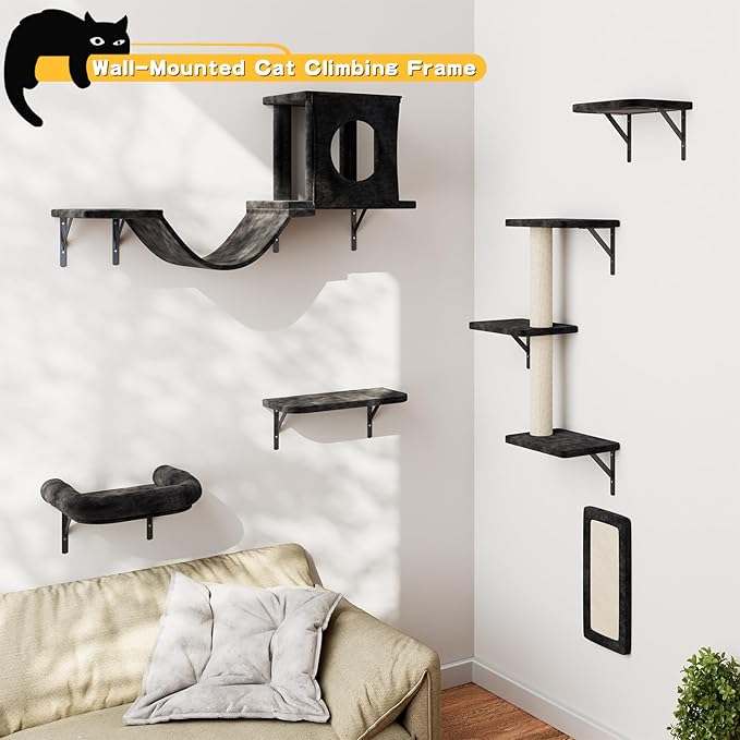 NUNU LAB Wall Mounted Cat Furniture Set - 6 Pcs Climber Set with House, Bridge, Steps, Scratcher Board - DIY Walls Playground, Indoor Cat Shelves - Black