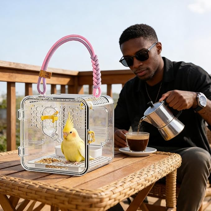 Bird Carrier Travel Cage - Portable Ventilated Parrot Transport Box, Built in Water Bottle Feeding Bowl, Lightweight Secure Small Pet Habitat | Parakeet Carrier for Parakeets Conures Canaries Budgies