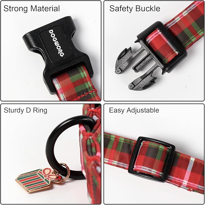 DOGWONG Christmas Plaid Dog Collar, Cute Adjustable Red Collar for Boy and Girl Dogs, Dog Collar with Strong Plastic Buckle for Small Medium Large Dogs,XS