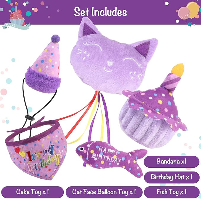 BINGPET Cat Birthday Catnip Toys for Indoor Cats, 5 Pcs Cat Birthday Gift Kitten Interactive Toys for Boy Girl Cats, Soft Plush Catmint Kitty Chew Kick Toy, Hat, Bandana, Balloon, Cake, Fish, Purple