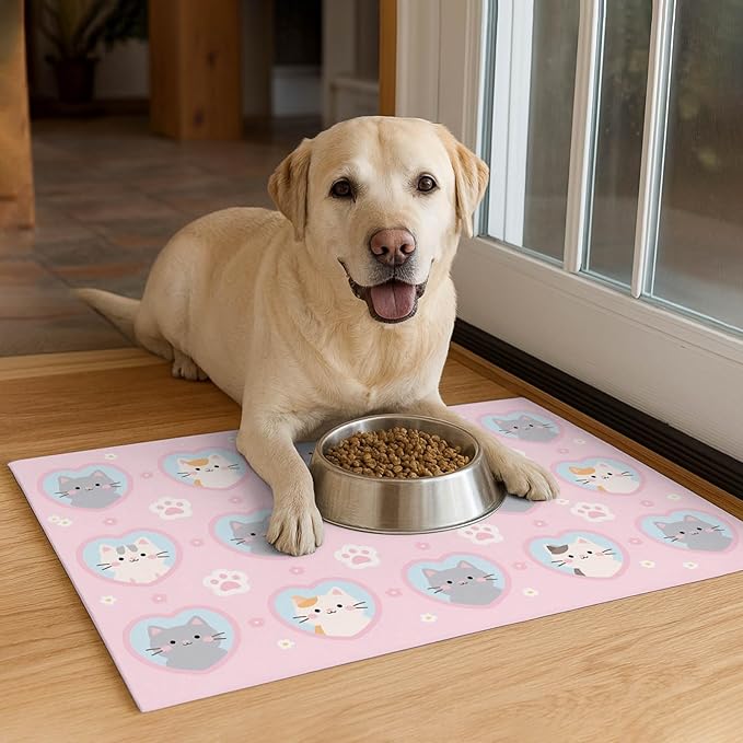 Cat Feedings Mats 20x12 inch Pink Kitten Print Pet Bowl Placemat Non Slip Mat for Cat Food and Water Indoor Kitty Feeding Station Cute Cats Meal Mats for Small Pets Kitchen Floor Use
