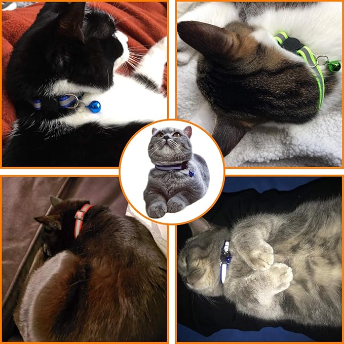 4 Pcs Cat Collars with Bell, Breakaway & Reflective, Nylon, 4 Colors, 7-12 Inch, Unisex, Small Breeds