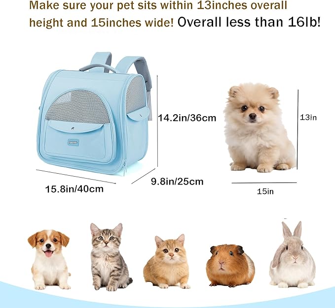 Cat Carrier Backpack,Large Space Animal Carrier Backpacks for Small Dogs Kitten and Medium Cats, Comfort & Safety,Design Reduces Pressure for Travel Outdoor and Vet Visits (Blue)
