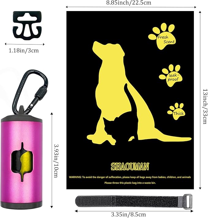 Metal Dog Poop Bag Holder 2-Pack w/Leash Clip|Durable Scratch-Resistant Aluminum|30 Bags+6 Accessories（Pink)
